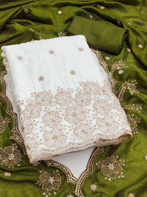 Peachmode White & Olive Embroidered Vichitra Silk Dress Material - Image 1