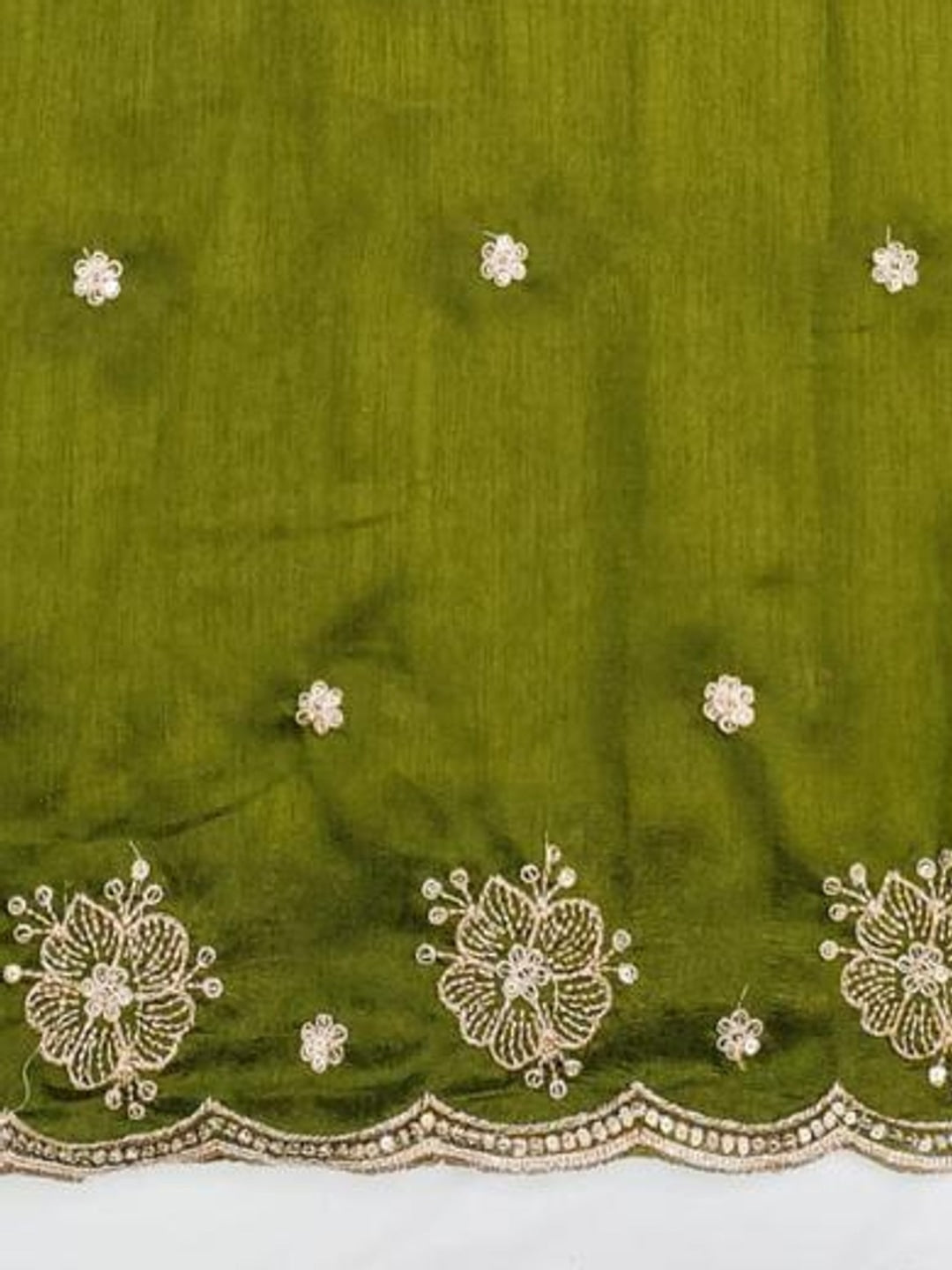 Peachmode White & Olive Embroidered Vichitra Silk Dress Material - Image 5