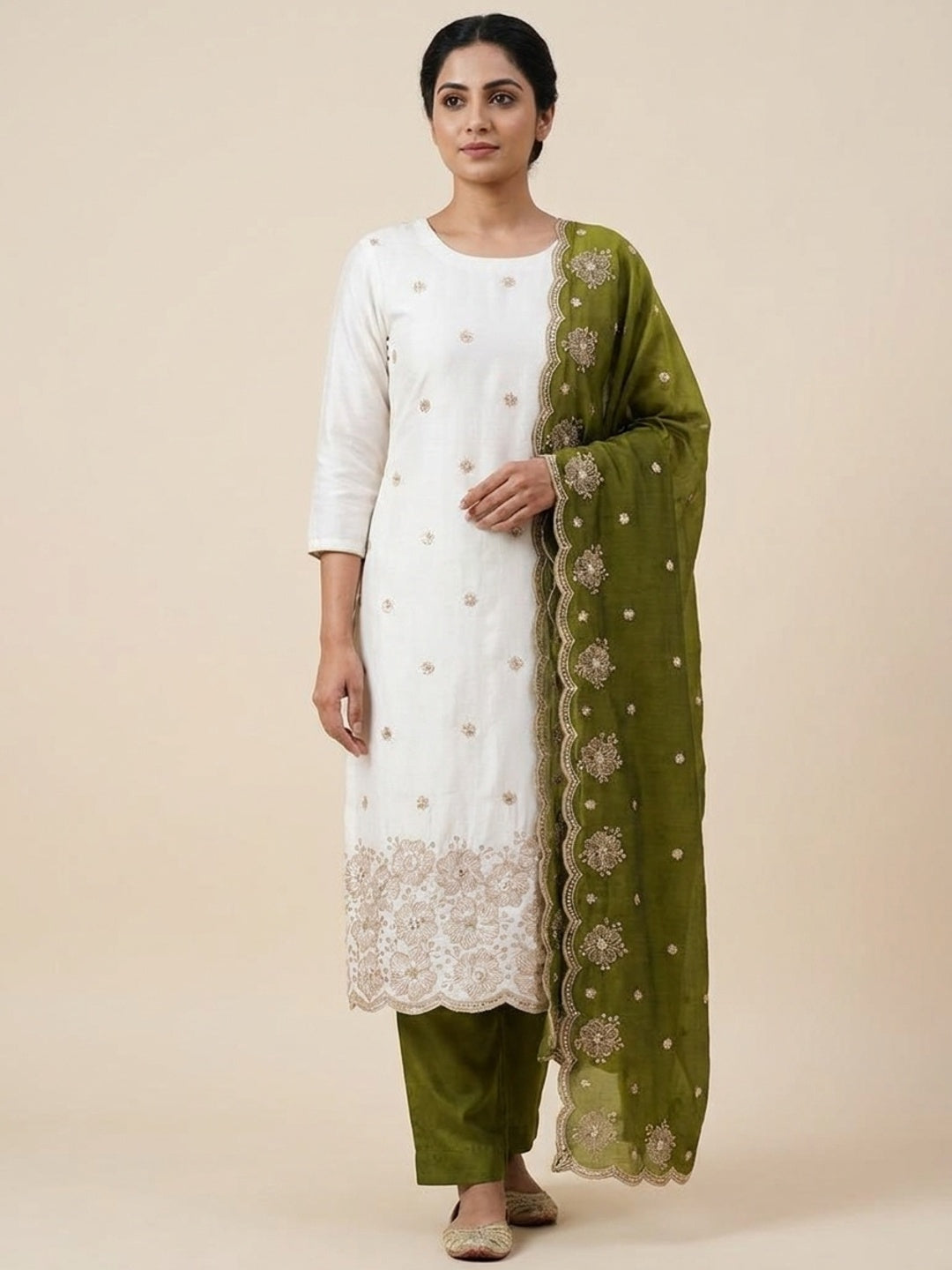 Peachmode White & Olive Embroidered Vichitra Silk Dress Material - Image 2