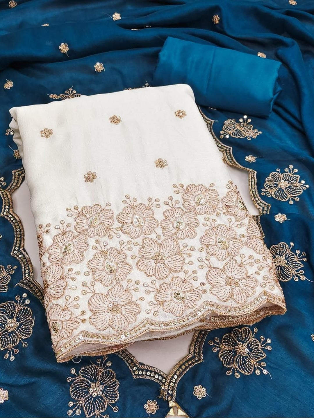 Peachmode White & Blue Embroidered Vichitra Silk Dress Material - Image 1