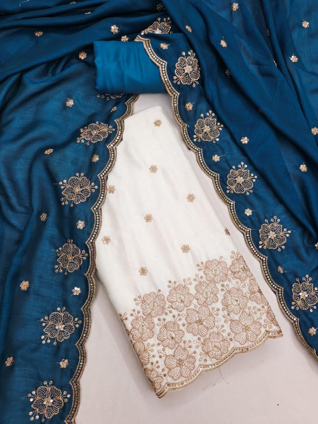 Peachmode White & Blue Embroidered Vichitra Silk Dress Material - Image 3
