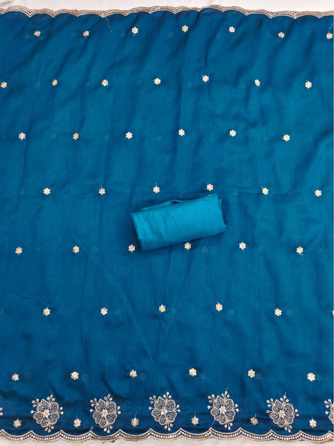 Peachmode White & Blue Embroidered Vichitra Silk Dress Material - Image 4