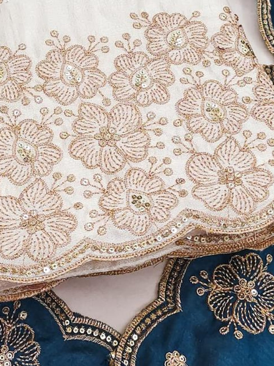 Peachmode White & Blue Embroidered Vichitra Silk Dress Material - Image 5