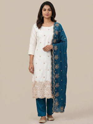 Peachmode White & Blue Embroidered Vichitra Silk Dress Material - Image 2