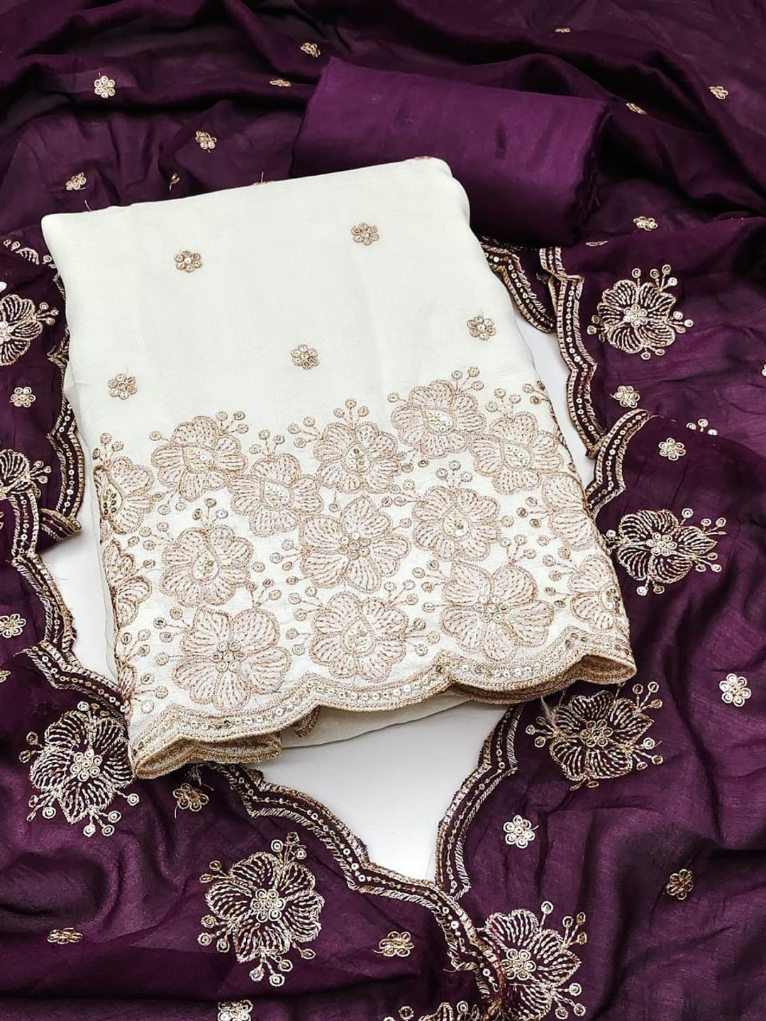 Peachmode White & Purple Embroidered Vichitra Silk Dress Material - Image 1