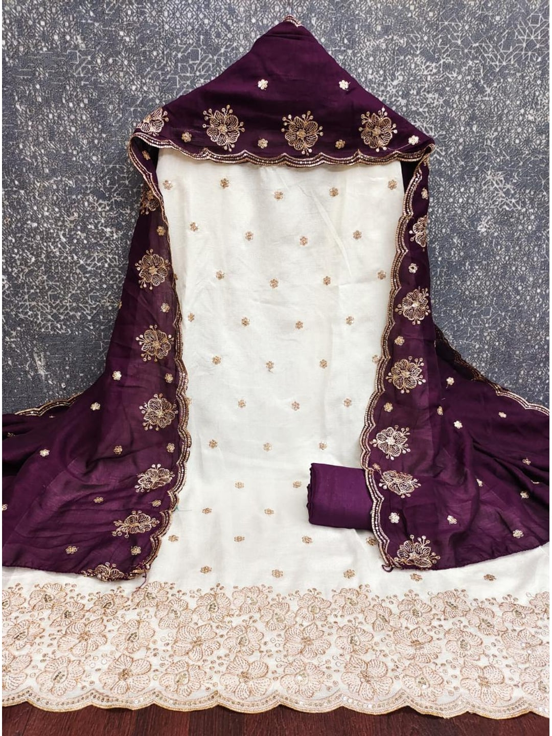 Peachmode White & Purple Embroidered Vichitra Silk Dress Material - Image 3