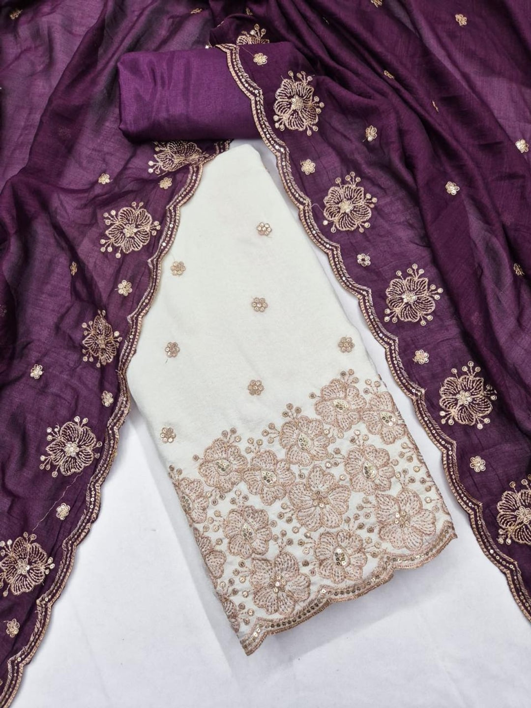 Peachmode White & Purple Embroidered Vichitra Silk Dress Material - Image 4