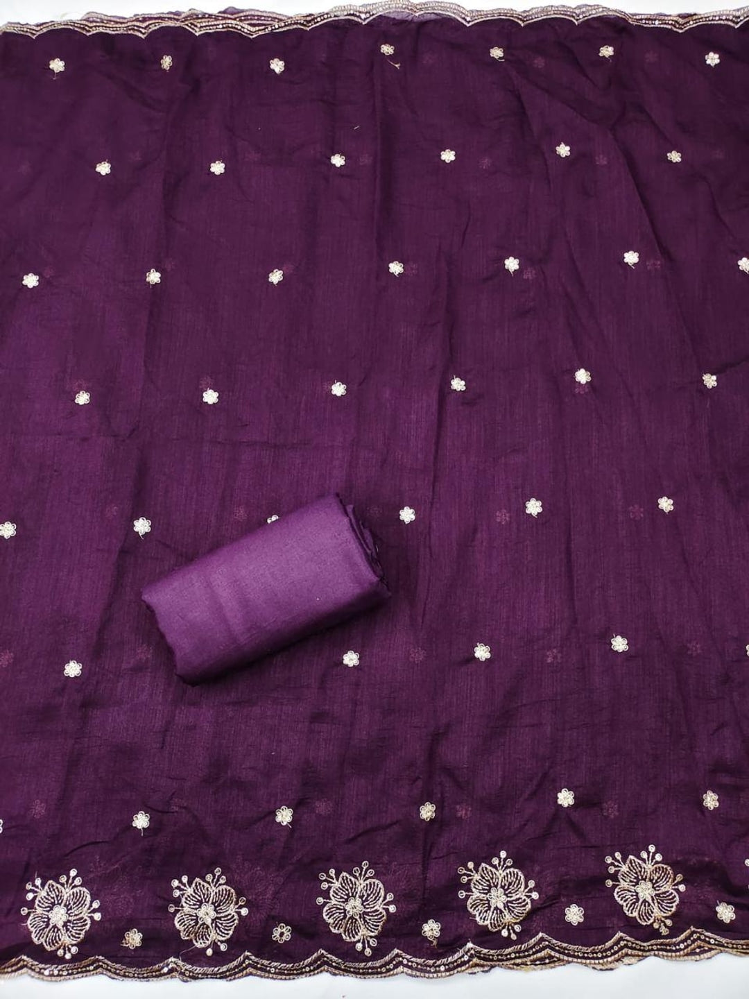 Peachmode White & Purple Embroidered Vichitra Silk Dress Material - Image 5