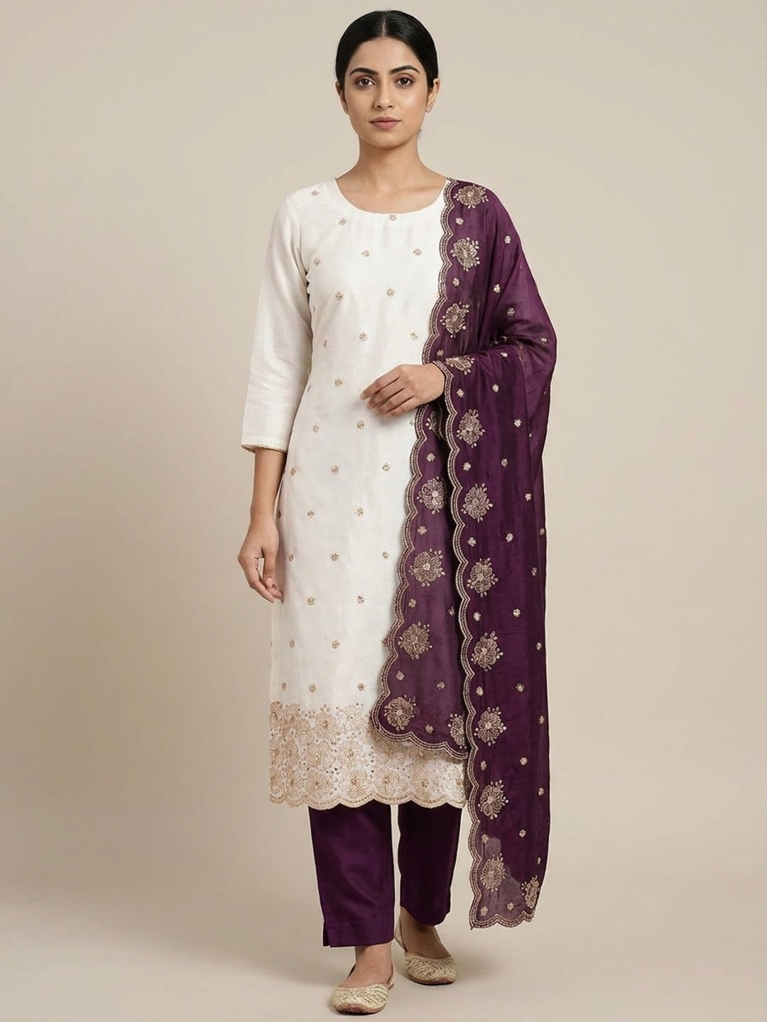 Peachmode White & Purple Embroidered Vichitra Silk Dress Material - Image 2