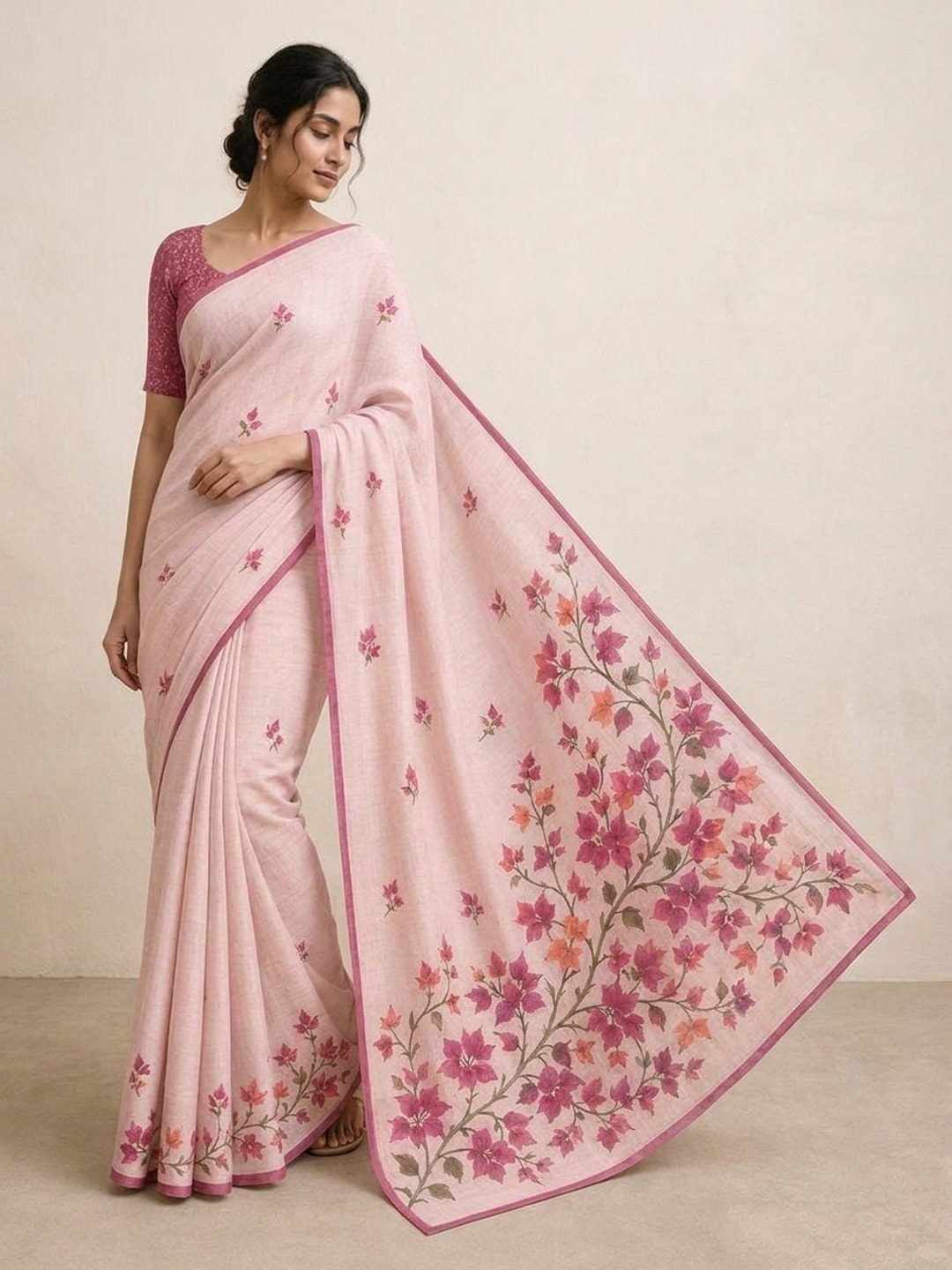 Peachmode Pink Bougainvillea Printed Linen Saree - Image 1