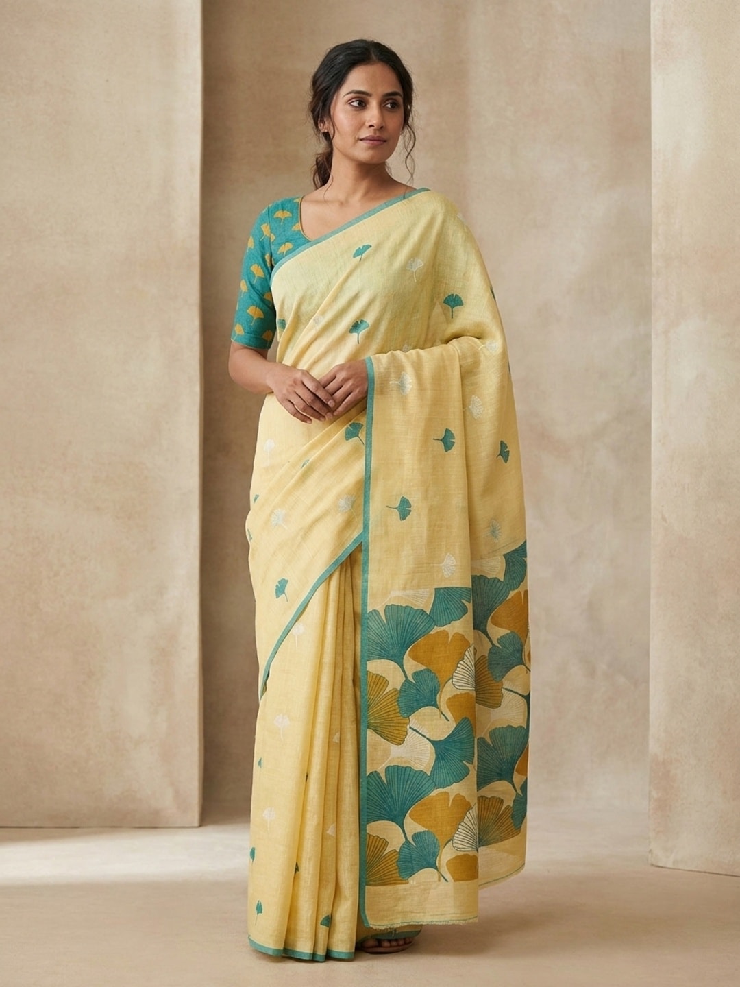 Peachmode Yellow Ginkgo Leaf Printed Linen Saree - Image 1