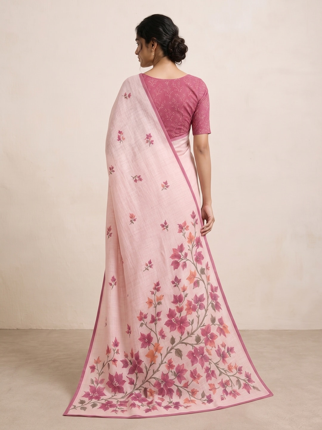Peachmode Pink Bougainvillea Printed Linen Saree - Image 2