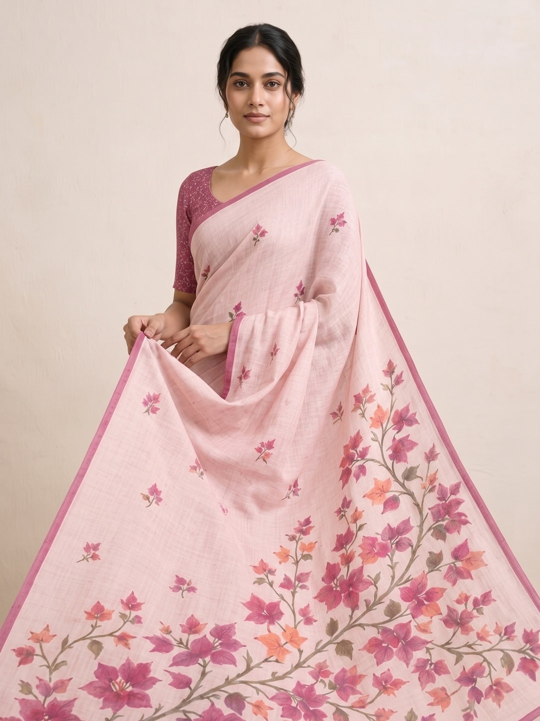 Peachmode Pink Bougainvillea Printed Linen Saree - Image 4