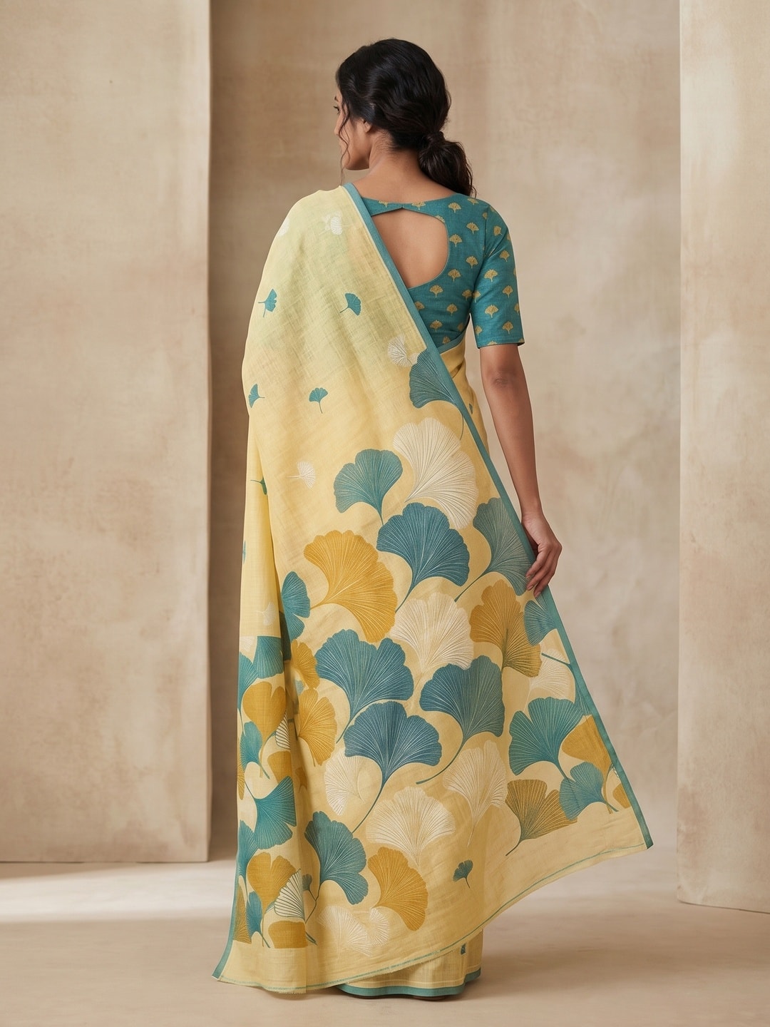 Peachmode Yellow Ginkgo Leaf Printed Linen Saree - Image 2