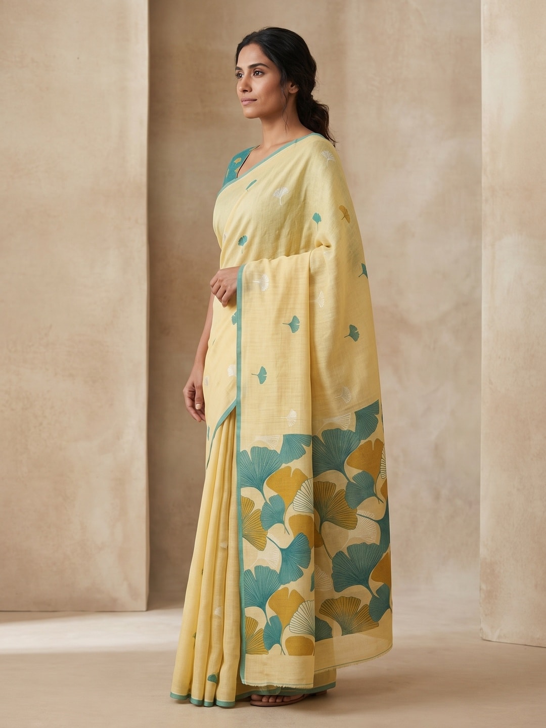 Peachmode Yellow Ginkgo Leaf Printed Linen Saree - Image 3
