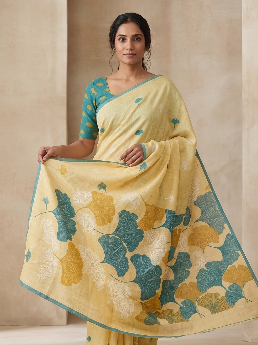 Peachmode Yellow Ginkgo Leaf Printed Linen Saree - Image 4