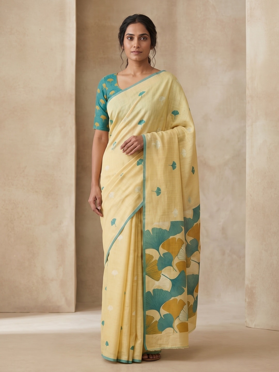 Peachmode Yellow Ginkgo Leaf Printed Linen Saree - Image 5