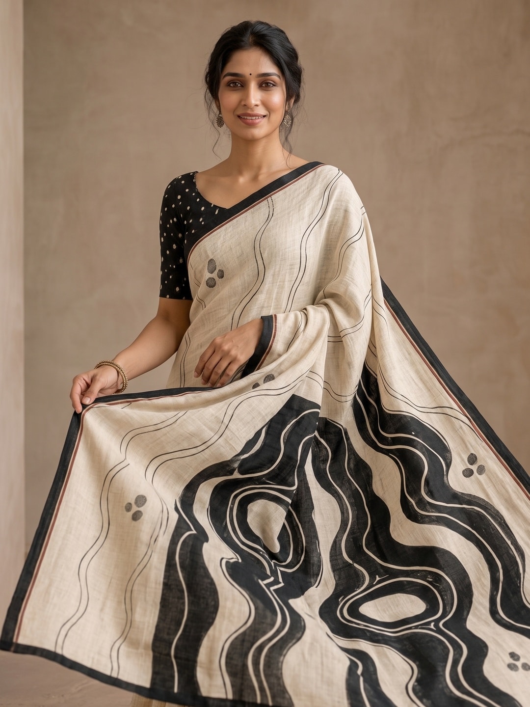 Peachmode Offwhite Wave Printed Linen Saree - Image 4