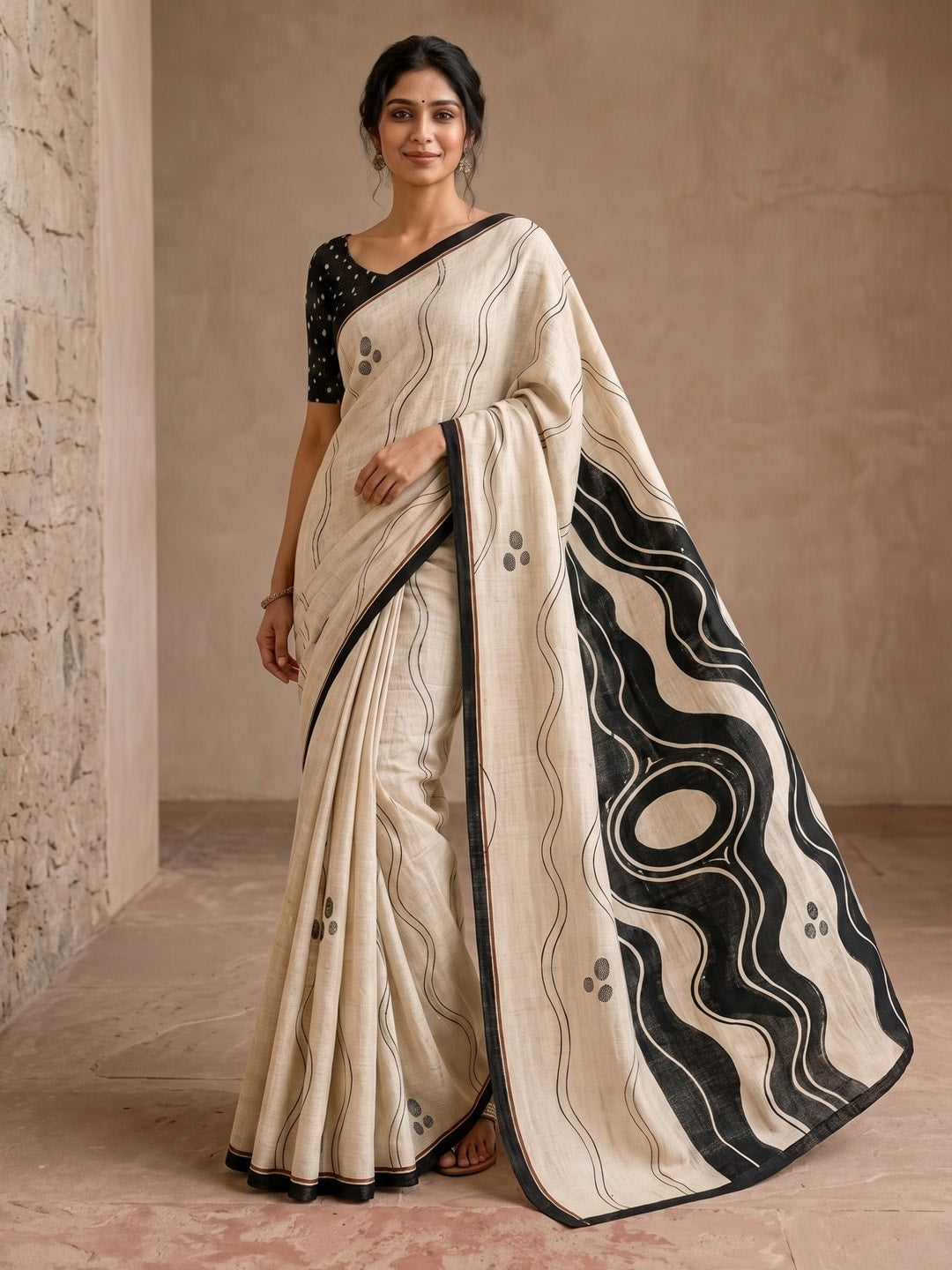 Peachmode Offwhite Wave Printed Linen Saree - Image 5