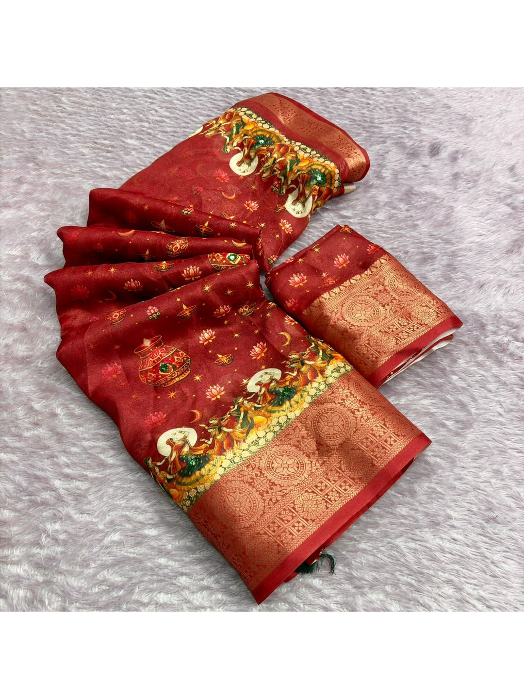 Peachmode Maroon Karwa Chauth Printed Dola Silk Saree With Mirror Work - Image 5