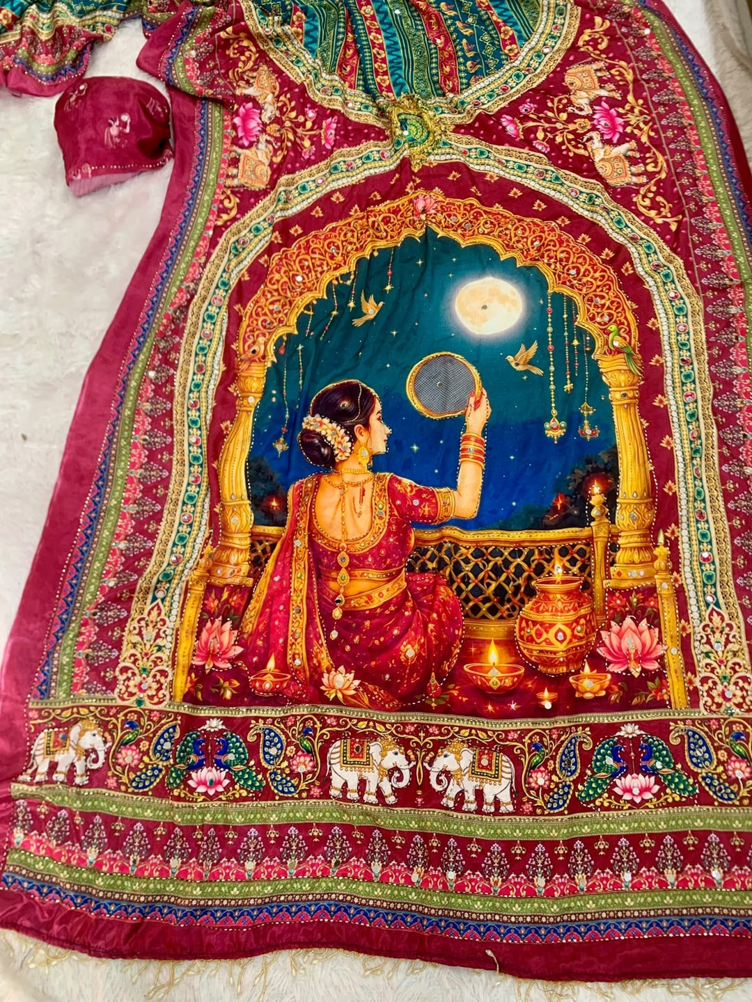 Peachmode Multicolor Karwa Chauth Printed Chinon Saree With Mirror Work - Image 3