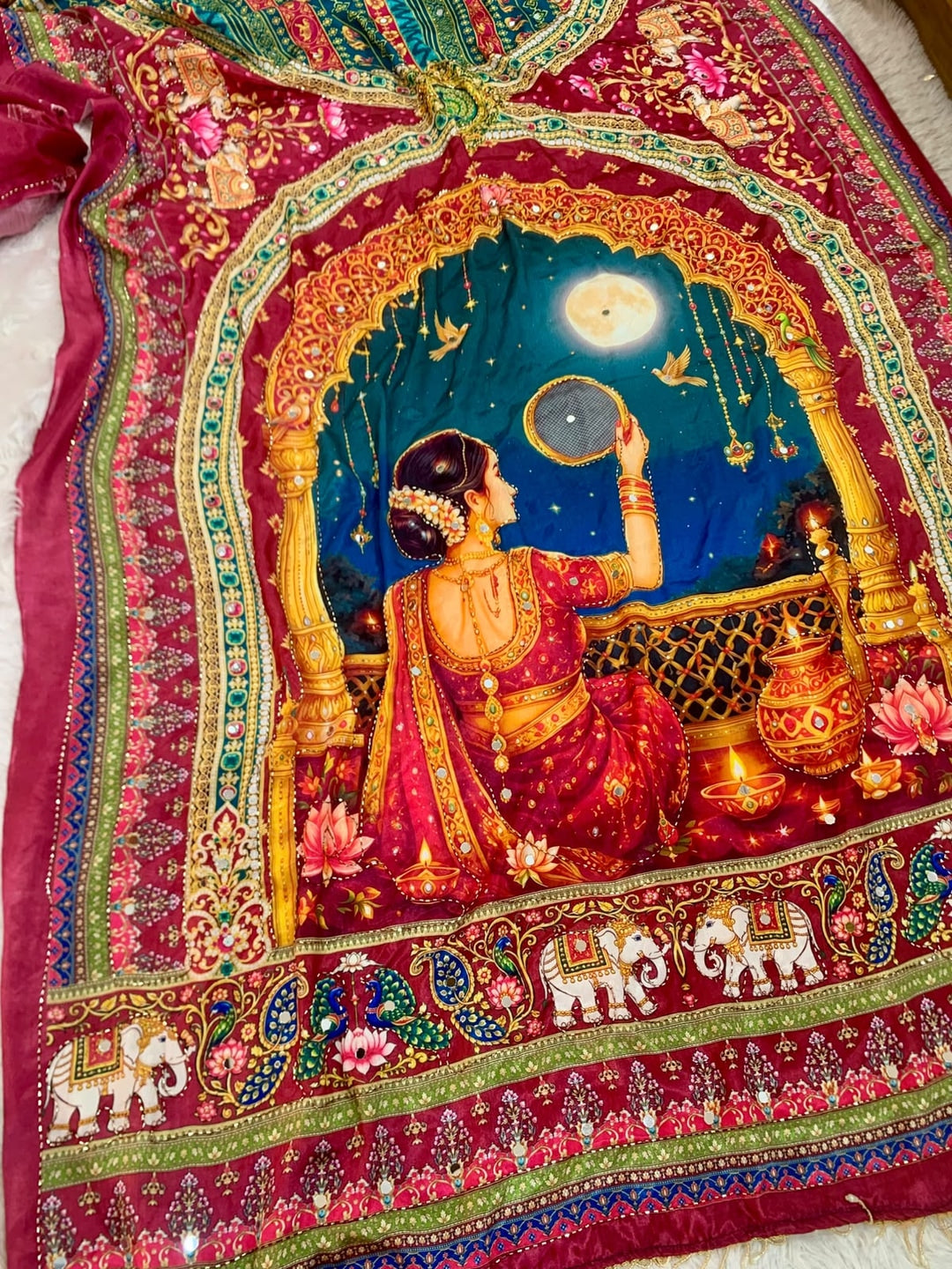 Peachmode Multicolor Karwa Chauth Printed Chinon Saree With Mirror Work - Image 5