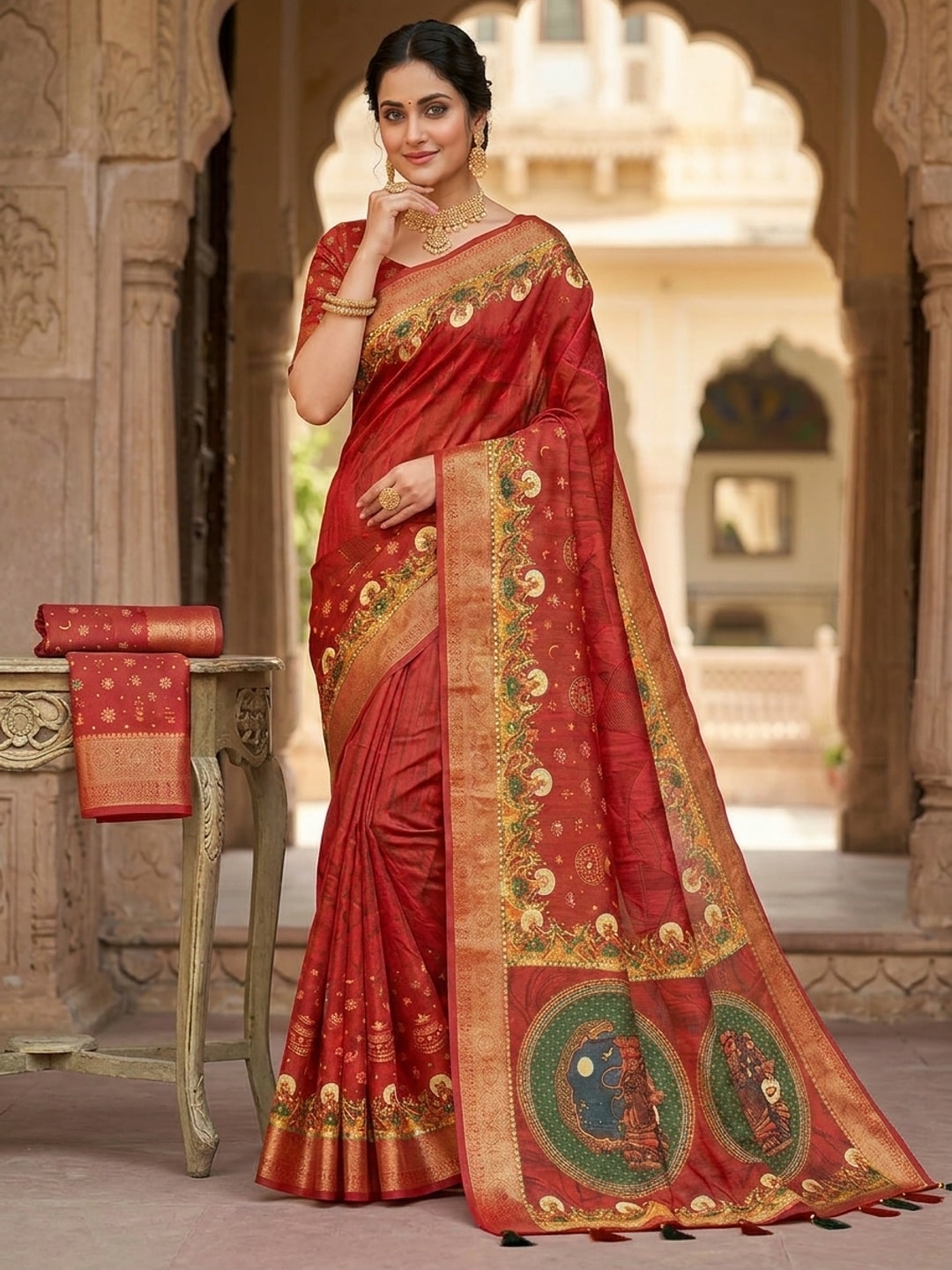 Peachmode Maroon Karwa Chauth Printed Dola Silk Saree With Mirror Work - Image 1