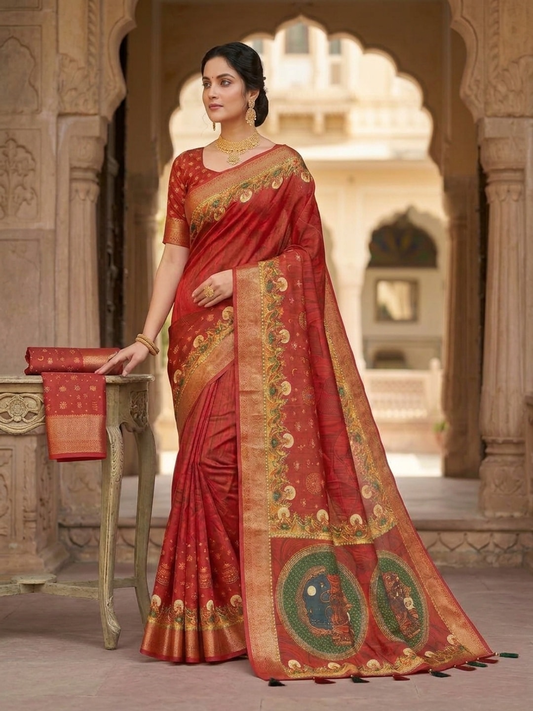 Peachmode Maroon Karwa Chauth Printed Dola Silk Saree With Mirror Work - Image 2
