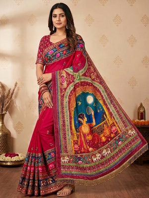 Peachmode Multicolor Karwa Chauth Printed Chinon Saree With Mirror Work - Image 1