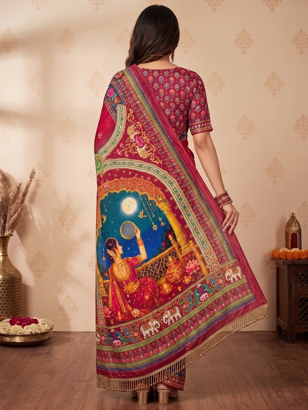 Peachmode Multicolor Karwa Chauth Printed Chinon Saree With Mirror Work - Image 2
