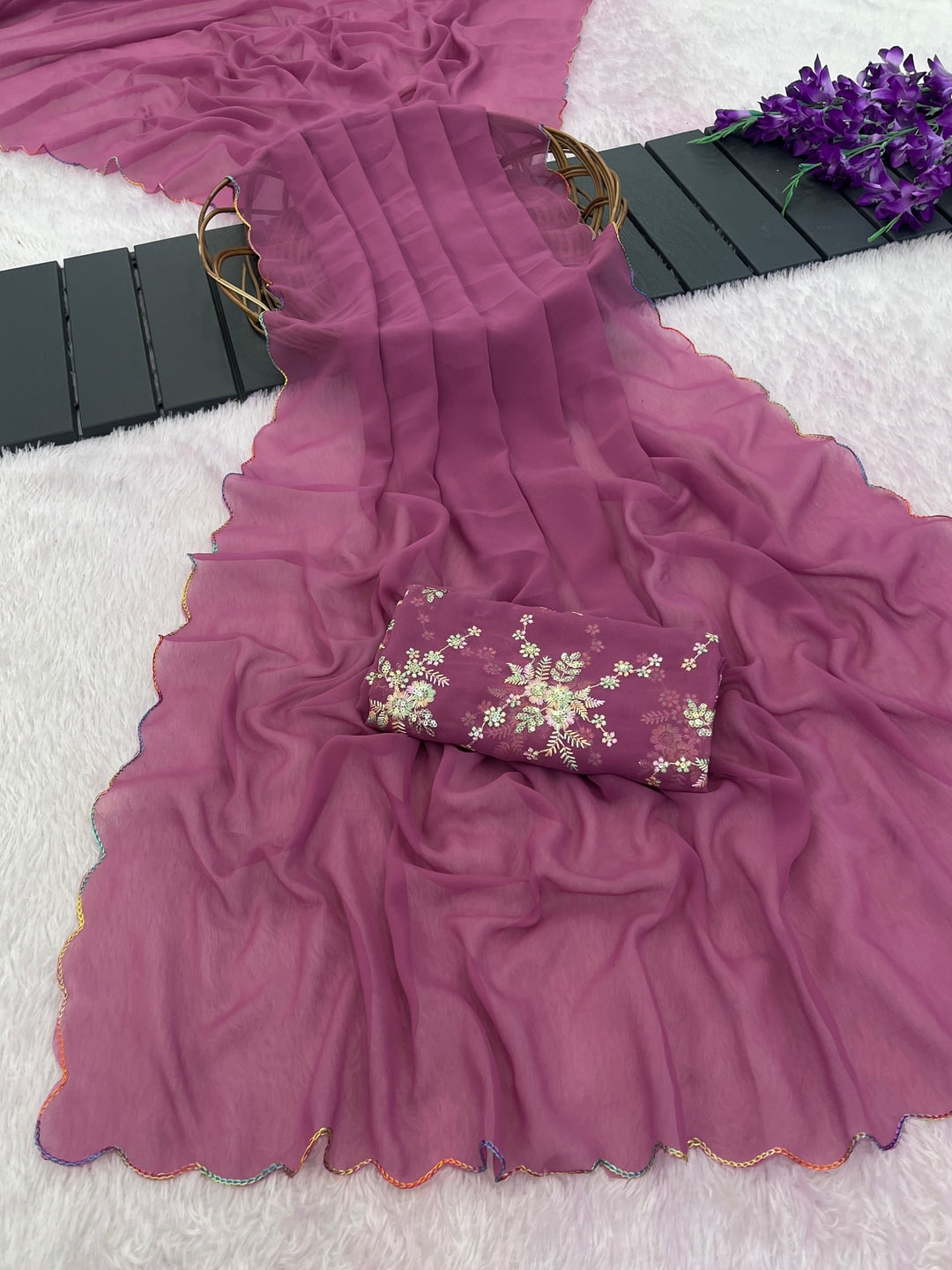 Peachmode Pink Georgette Saree With Embroidered Blouse - Image 1