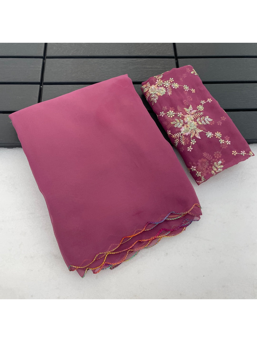 Peachmode Pink Georgette Saree With Embroidered Blouse - Image 2