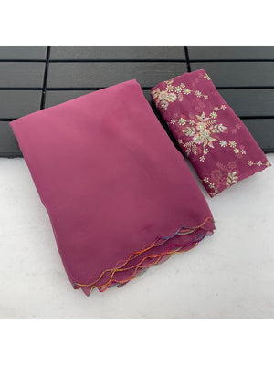 Peachmode Pink Georgette Saree With Embroidered Blouse - Image 2