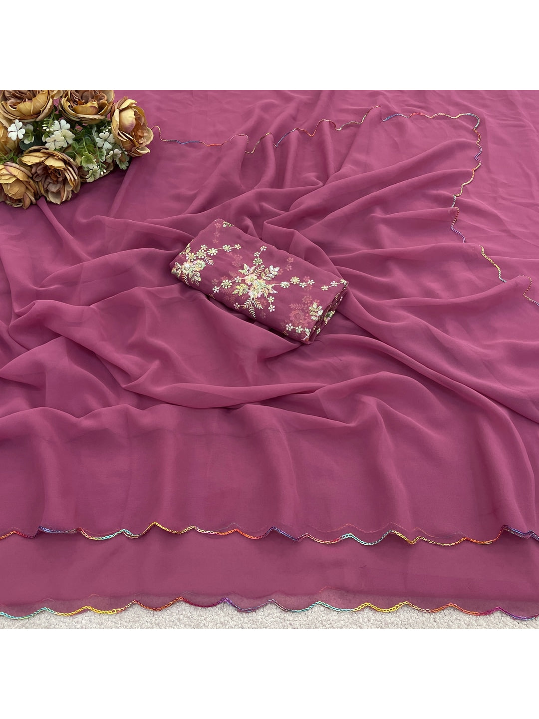 Peachmode Pink Georgette Saree With Embroidered Blouse - Image 3