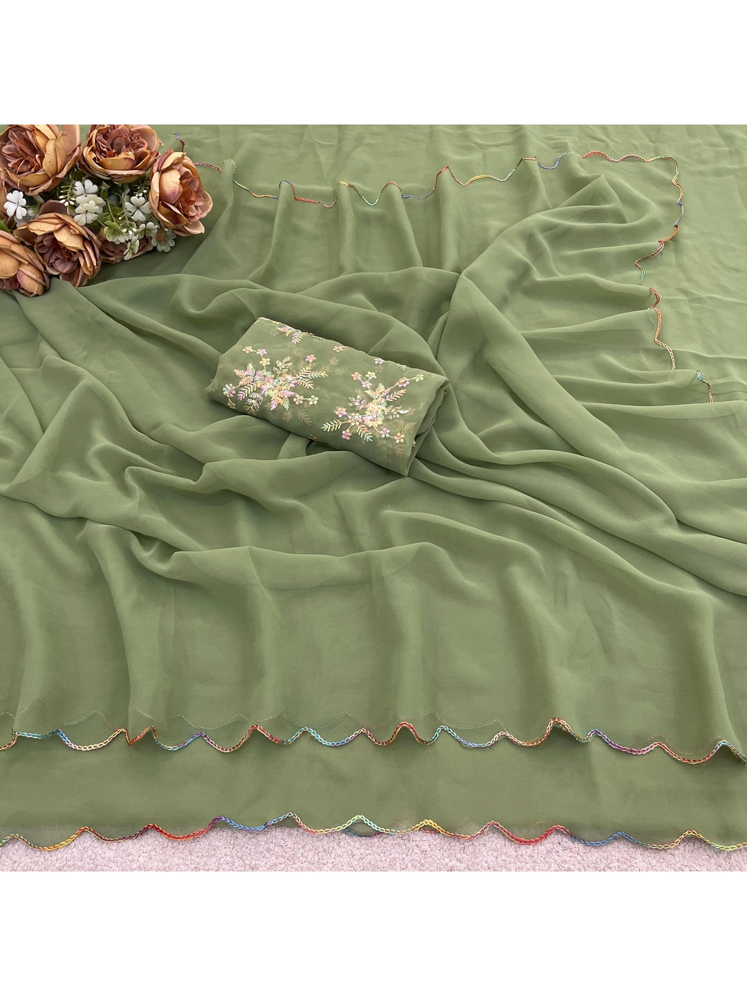 Peachmode Green Georgette Saree With Embroidered Blouse - Image 3
