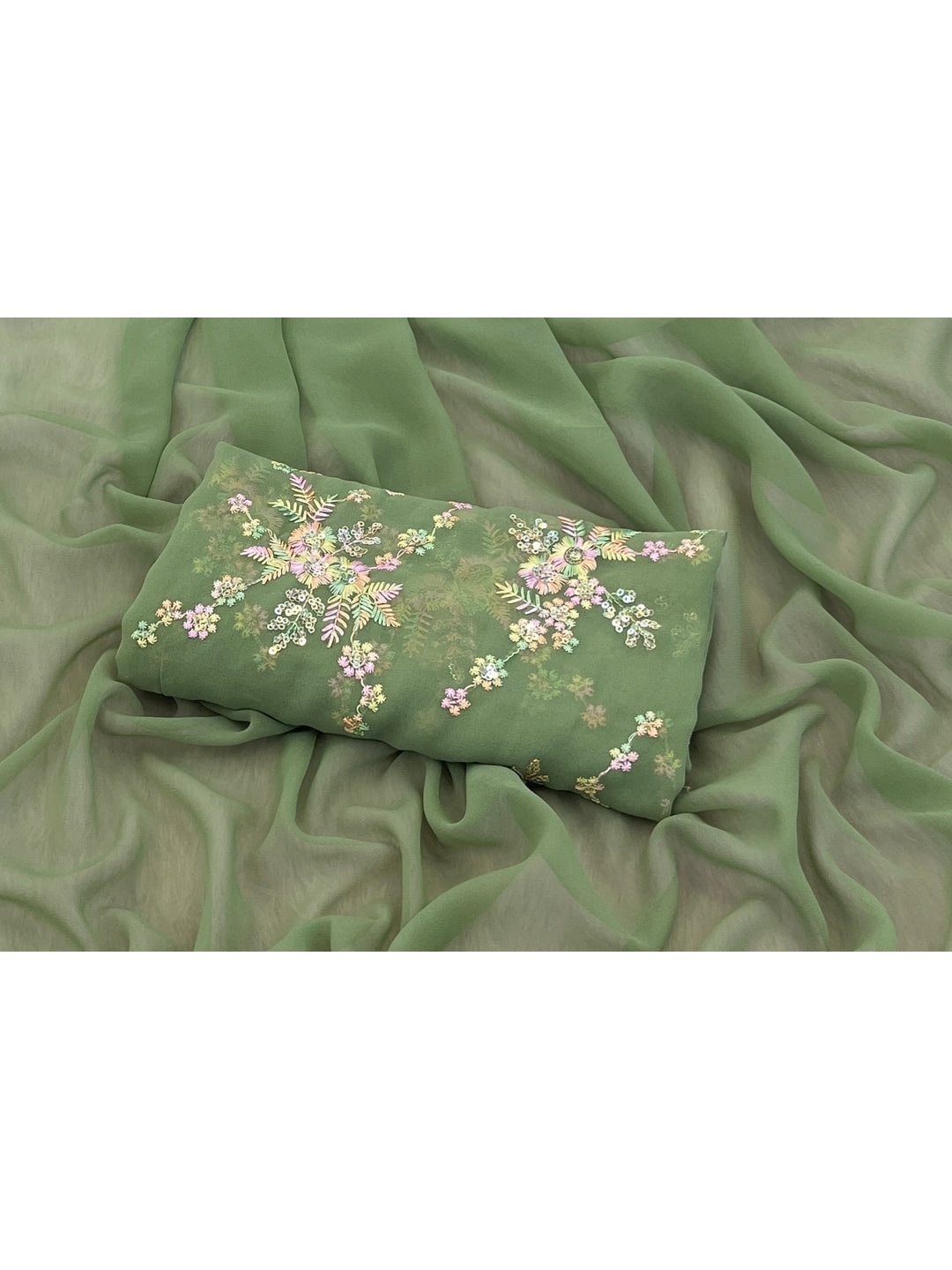 Peachmode Green Georgette Saree With Embroidered Blouse - Image 5