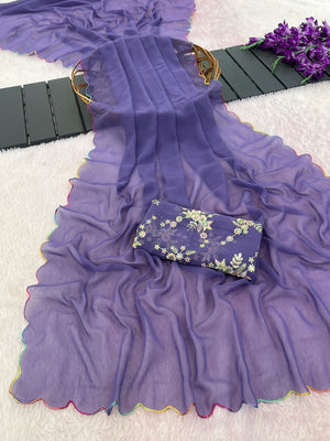 Peachmode Purple Georgette Saree With Embroidered Blouse - Image 1
