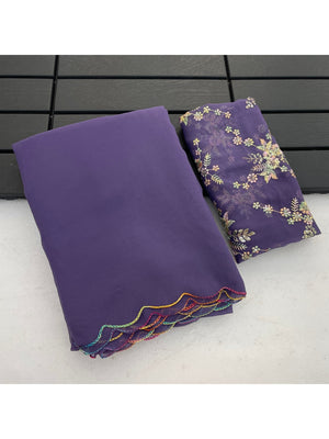 Peachmode Purple Georgette Saree With Embroidered Blouse - Image 2