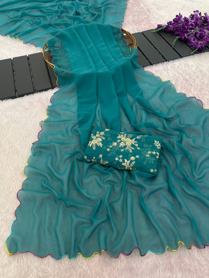 Peachmode Turquoise Georgette Saree With Embroidered Blouse - Image 1