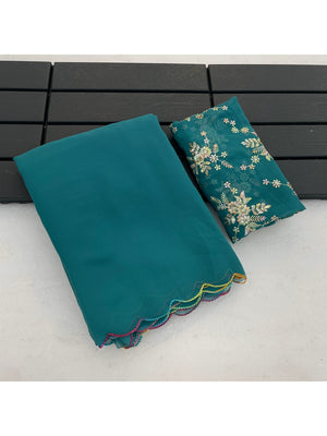 Peachmode Turquoise Georgette Saree With Embroidered Blouse - Image 2