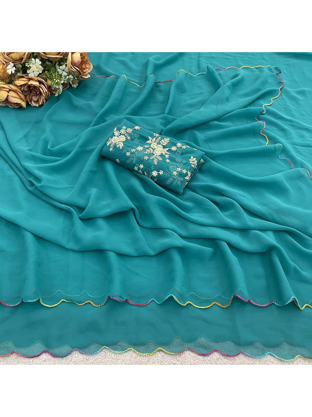 Peachmode Turquoise Georgette Saree With Embroidered Blouse - Image 3