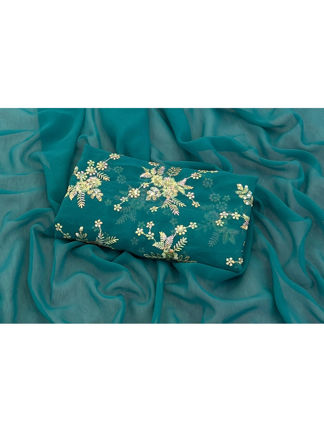 Peachmode Turquoise Georgette Saree With Embroidered Blouse - Image 5