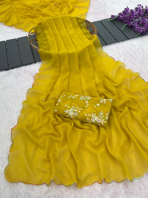 Peachmode Yellow Georgette Saree With Embroidered Blouse - Image 1