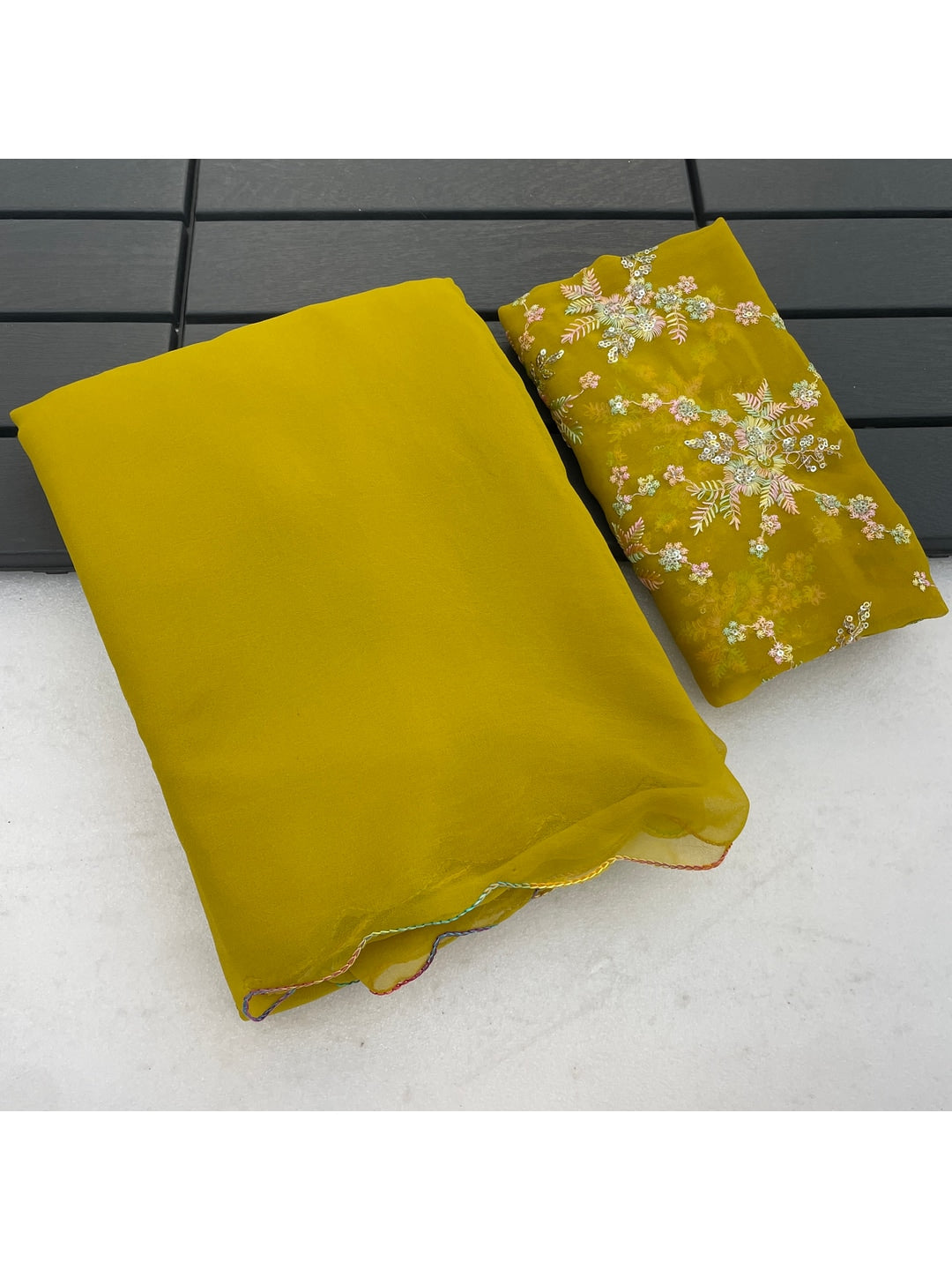Peachmode Yellow Georgette Saree With Embroidered Blouse - Image 2