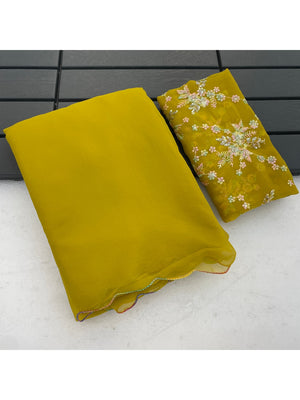 Peachmode Yellow Georgette Saree With Embroidered Blouse - Image 2