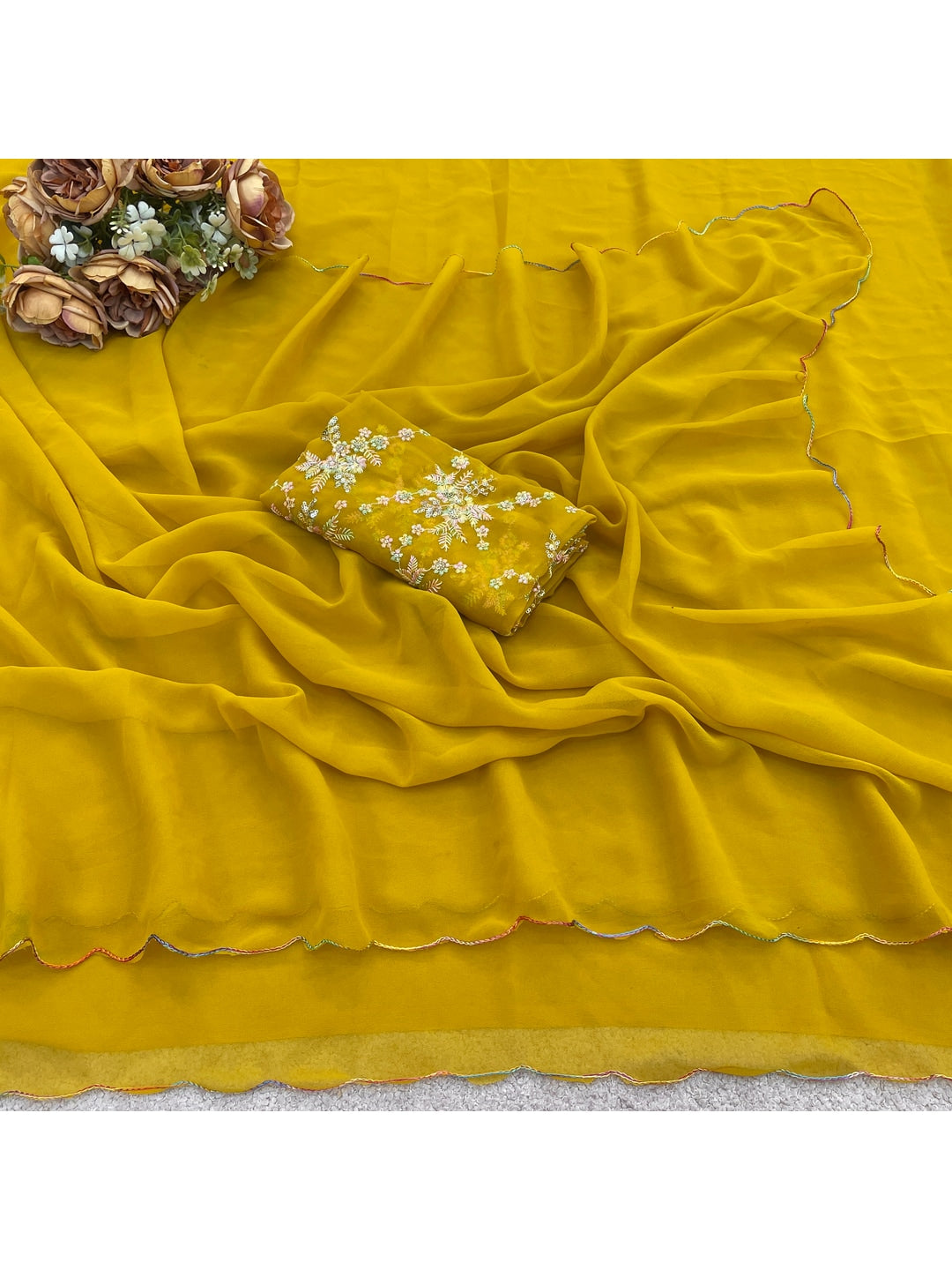 Peachmode Yellow Georgette Saree With Embroidered Blouse - Image 3