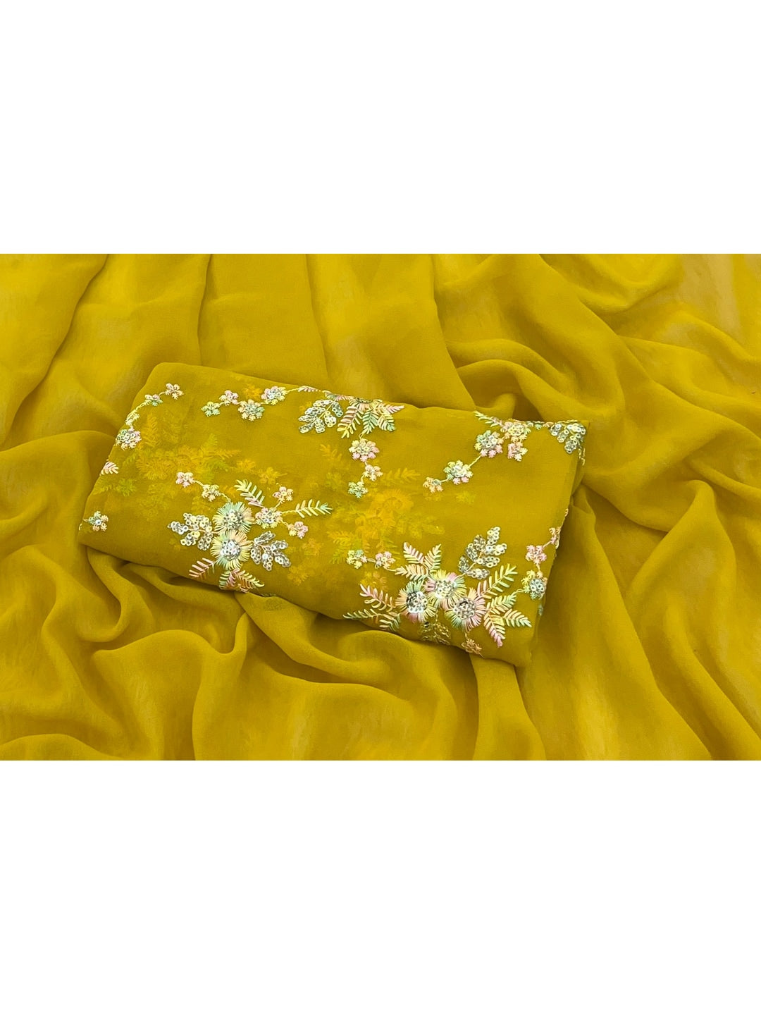 Peachmode Yellow Georgette Saree With Embroidered Blouse - Image 5