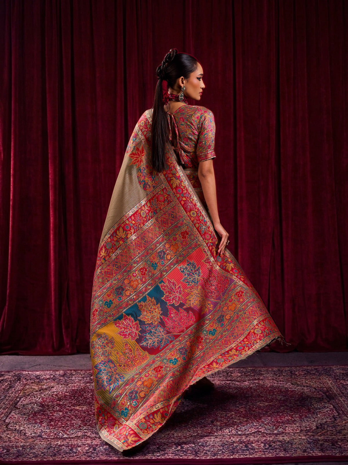 Peachmode Olive Modal Cotton Kashmiri Weaving Saree - Image 2