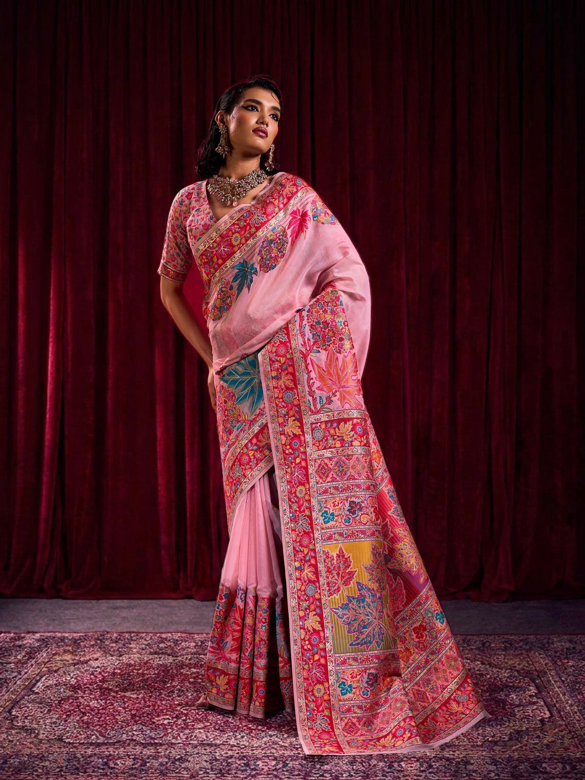 Peachmode Pink Modal Cotton Kashmiri Weaving Saree - Image 1