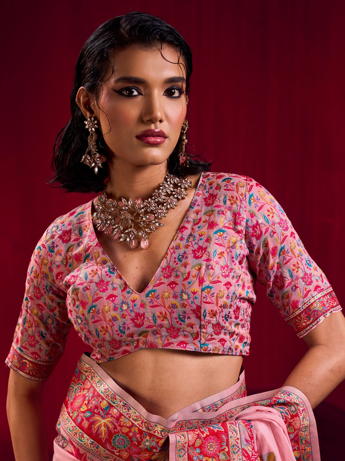 Peachmode Pink Modal Cotton Kashmiri Weaving Saree - Image 3